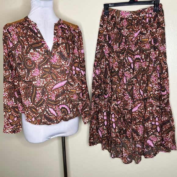 Xirena 2 Piece Set Aimi Top & Iris Skirt Earth Tone Brown Pink Bohemian Peasant - Picture 1 of 14